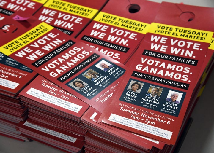 Political door hangers are stacked before a rally with union members at the Culinary Workers Union Hall Local 226 on November 5, 2018 in Las Vegas, Nevada.