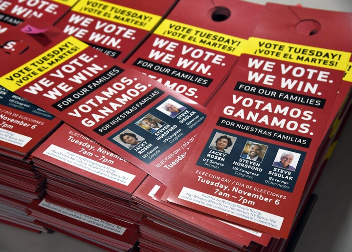 Political door hangers are stacked before a rally with union members at the Culinary Workers Union Hall Local 226 on November 5, 2018 in Las Vegas, Nevada. 