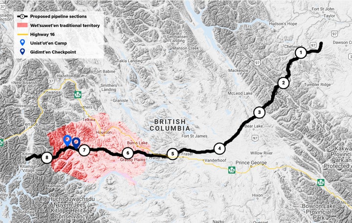 Planned construction phases along the proposed pipeline route and how it intersections with Wet'suwet'en territory.