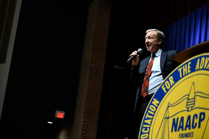 Democratic presidential hopeful Tom Steyer speaks, Sunday, Jan. 19, 2020, at an NAACP rally at South Carolina State University in Orangeburg.