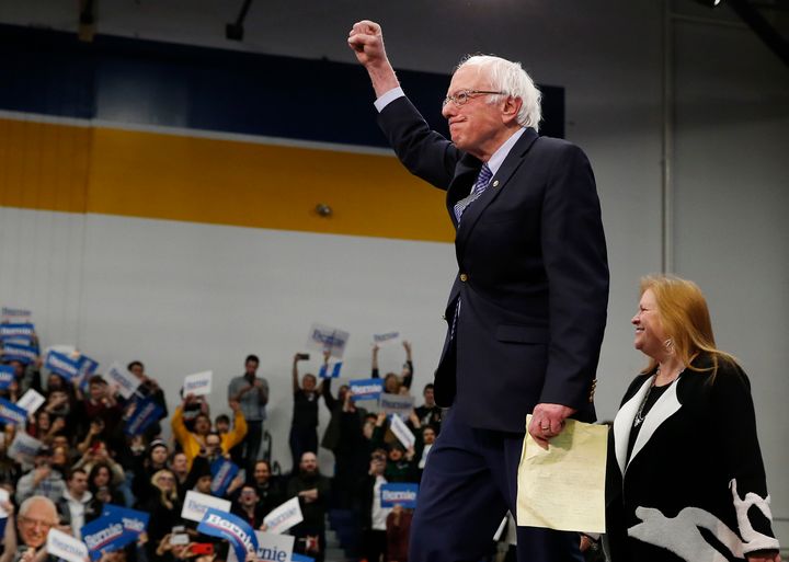 Sen. Bernie Sanders (I-Vt.) celebrates his New Hampshire primary win on Tuesday. A Nevada union's negative portrayal of his health care plan sparked a verbal brawl on Wednesday.