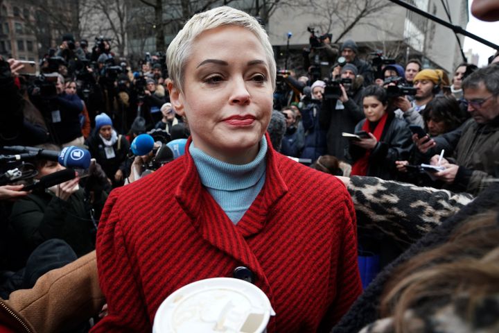 Actress Rose McGowan speaks during a press conference, after Harvey Weinstein arrived at State Supreme Court in Manhattan January 6, 2020 on the first day of his criminal trial on charges of rape and sexual assault.