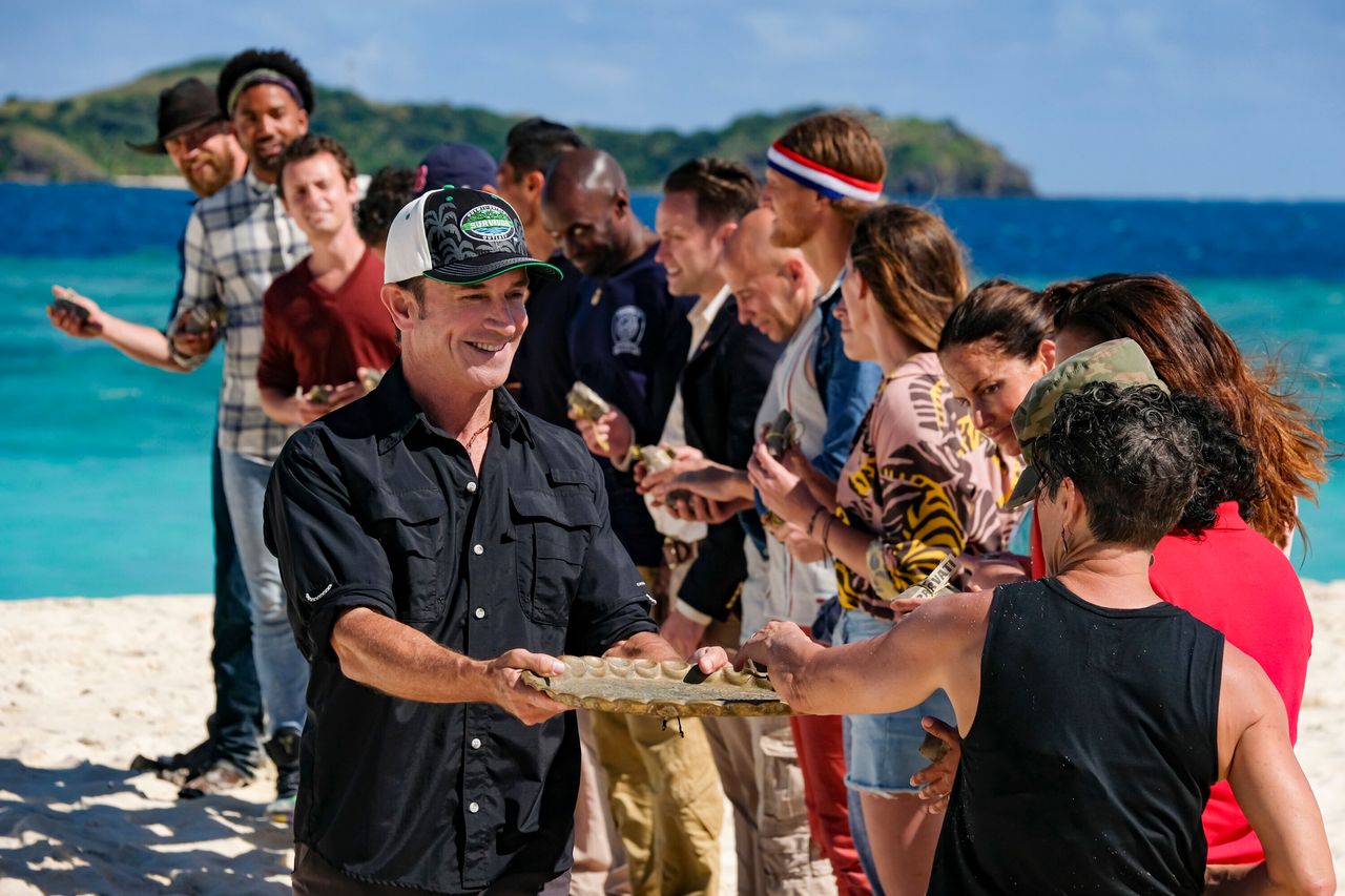 Jeff Probst addresses previous champions on "Survivor: Winners at War," the 40th season.