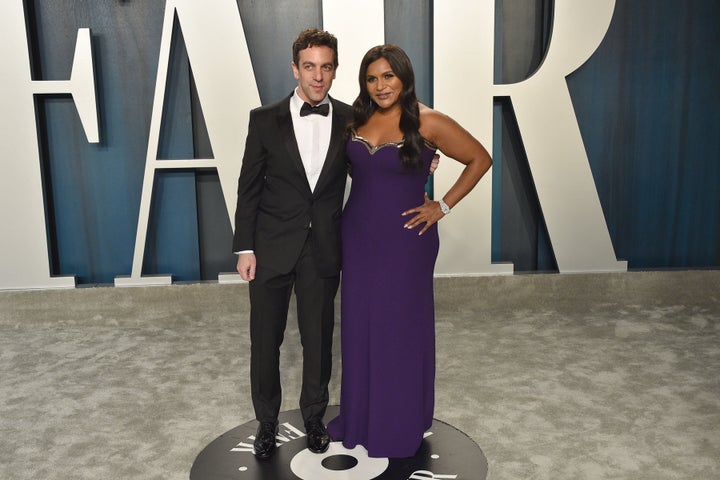 B.J. Novak and Mindy Kaling attend the 2020 Vanity Fair Oscar Party at Wallis Annenberg Center for the Performing Arts on Feb