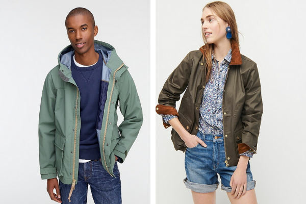 Two jackets from J.Crew: The men's jacket on the left features a zipper tab on the right side, and the women's jacket on the right features a zipper tab on the left side.