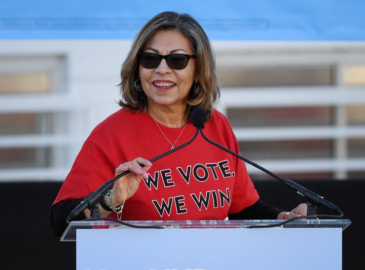 Geoconda Argüello-Kline, head of the Culinary Union, speaks at an election rally in October 2018. The union is a key part of the Democratic Party infrastructure in Nevada.
