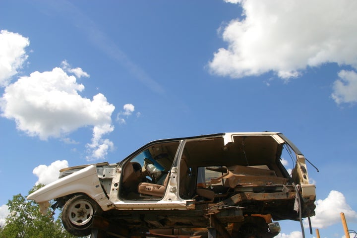 A crashed truck flying through the air