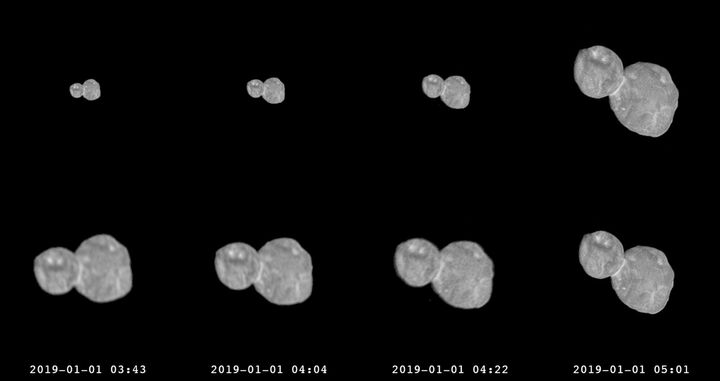 This combination of images provided by NASA shows a series of photographs made by the New Horizons spacecraft as it approached the Kuiper belt object Ultima Thule on Jan. 1, 2019. (NASA/Johns Hopkins University Applied Physics Laboratory/Southwest Research Institute via AP)