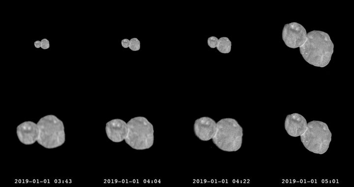 This combination of images provided by NASA shows a series of photographs made by the New Horizons spacecraft as it approached the Kuiper belt object Ultima Thule on Jan. 1, 2019. (NASA/Johns Hopkins University Applied Physics Laboratory/Southwest Research Institute via AP)