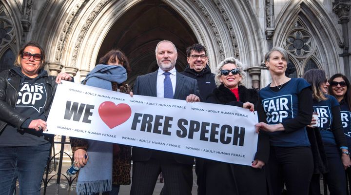 Harry Miller, founder of the campaign group Fair Cop with supporters outside the High Court
