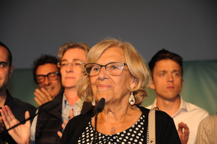 Manuela Carmena, el 27 de mayo de 2019, compareciendo tras conocer los resultados de las elecciones locales.