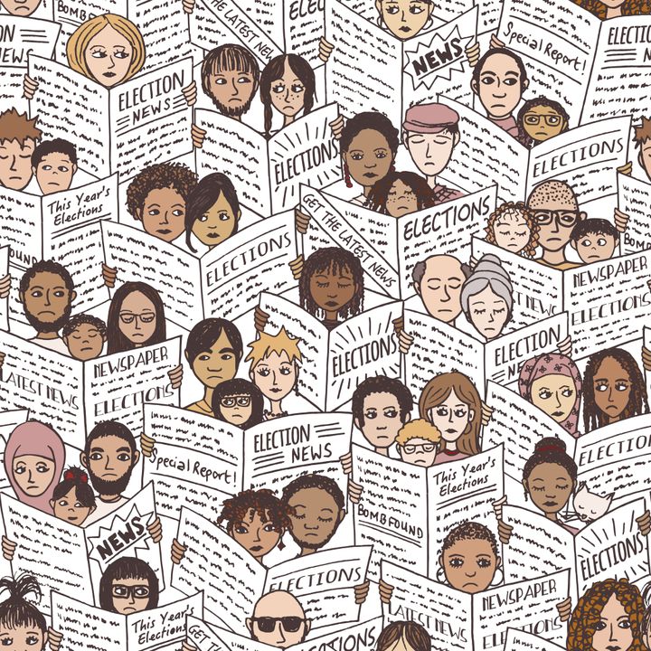 Seamless pattern of diverse people with shocked and sad faces, reading newspapers about the elections