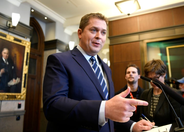 Conservative Leader Andrew Scheer speaks to reporters about rail blockades by activists protesting the Coastal GasLink project, on Parliament Hill in Ottawa on Feb. 14, 2020. 