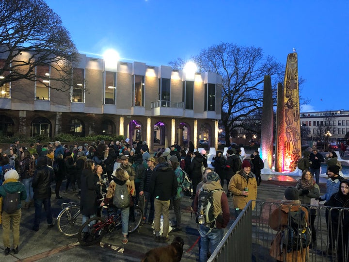 Wet'suwet'en allies gather in Centennial Square in Victoria ahead of picketing government buildings on Friday Feb. 14, 2020.