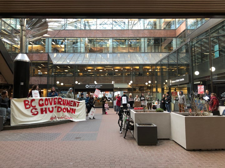 Wet'suwet'en allies picket outside of the B.C. Ministry of Transportation in Victoria on Feb. 14, 2020.