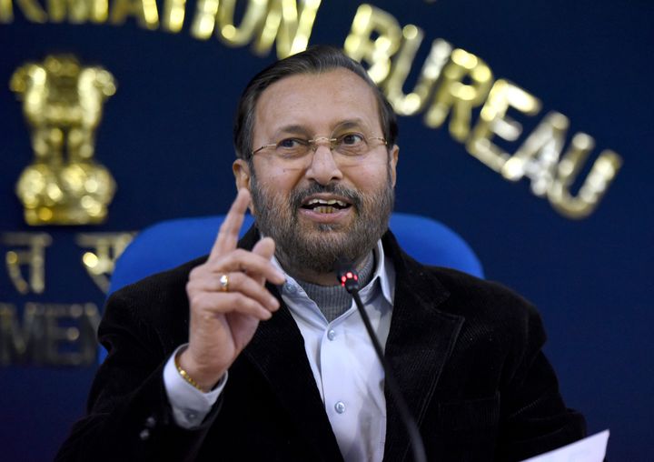 Minister of Environment, Forest and Climate Change and Minister of Information and Broadcasting Prakash Javadekar during a press conference at Shastri Bhawan on December 24, 2019 in New Delhi.