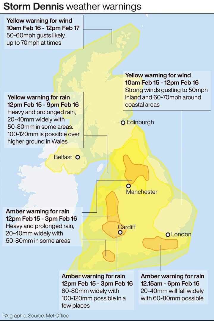 Storm Dennis weather warnings