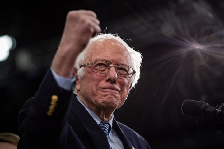 Sen. Bernie Sanders (I-Vt.) addresses supporters in Manchester, New Hampshire, on Tuesday. The narrowness of his win there has spooked some supporters.