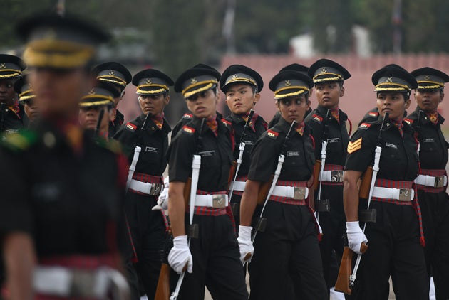 Indian women army cadets march during their graduation ceremony at the Officers Training Academy in Chennai...