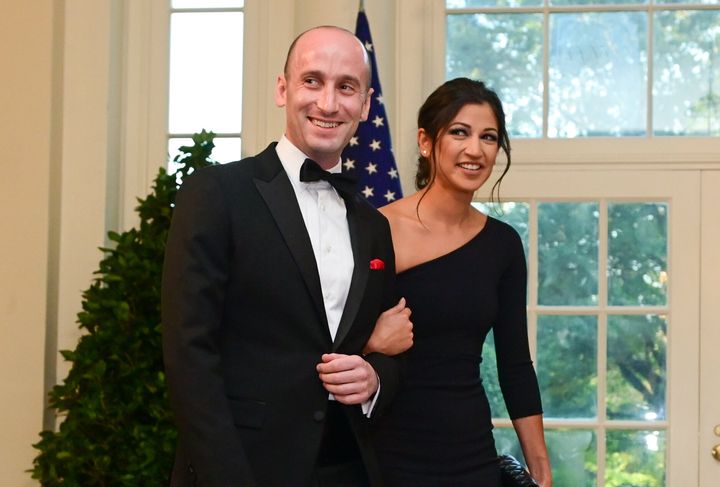 White House advisor Stephen Miller and Katie Waldman, press secretary for Vice President Mike Pence, pictured in September 2019. The couple tied the knot on Sunday at Trump International Hotel in Washington D.C.