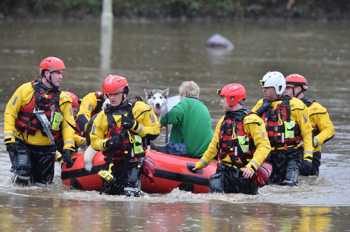 Rescue operations continue as emergency services take residents of Oxford Street, Nantgarw to safety, after flooding in Wales as Storm Dennis hit the UK.