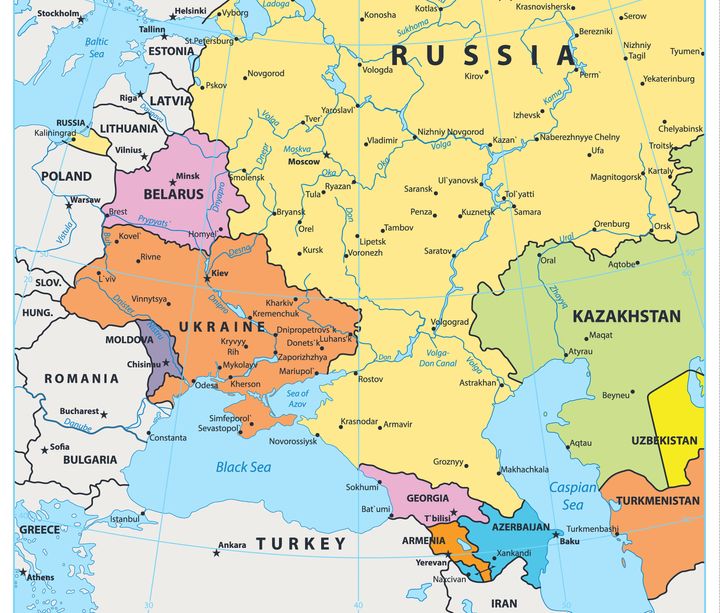 東ヨーロッパの地図。グルジアは中央下部のピンク色の部分。