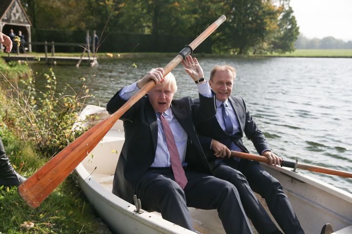 Boris Johnson (left) in a row boat with Czech Republic's Deputy Foreign Minister Ivo Sramek on a boating lake in the grounds of Chevening House in 2017.