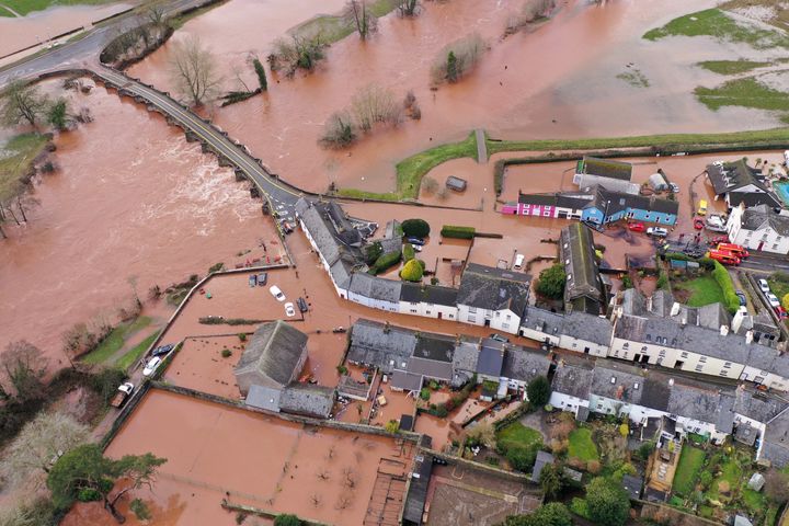An aerial view of the Welsh village of Crickhowell which has been cut off as the river Usk bursts its banks near the Bridge End Inn.