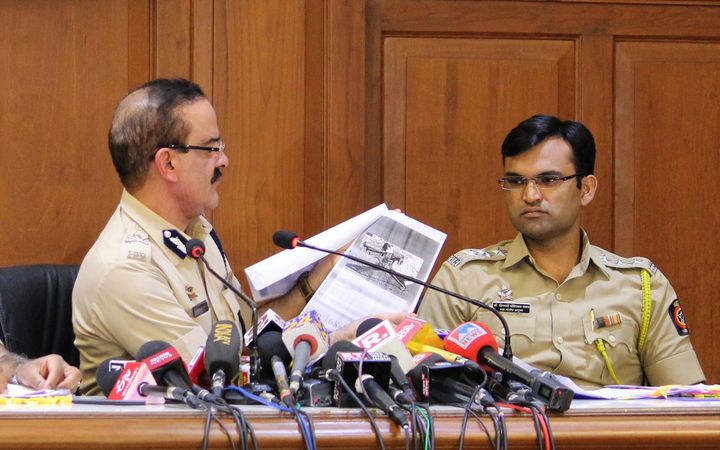 Maharashtra ADG Param Bir Singh with Pune's Additional CP Shivaji Bodke (L) and Dr. Shivaji Pawar (R) at a press conference about the house arrest of rights activists in Bhima Koregaon case, at DGP office, on August 31, 2018 in Mumbai, India. Maharashtra Police claimed that they have evidence against the recently arrested Maoists in the form of emails, documents and secret conversations for an armed overthrow of Modi government.