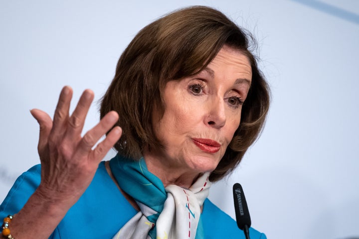 House Speaker Nancy Pelosi speaks to press at the Munich Security Conference.