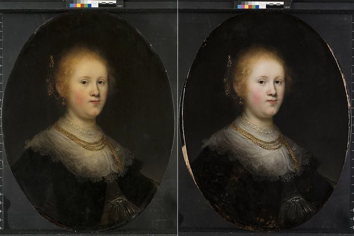 This photo combo provided by Allentown Art Museum shows from left, before and after restoration of a painting called "Portrait of a Young Woman." Thanks to modern technology and some expert detective work, the 1632 painting that had long been attributed to an unknown artist in Rembrandt’s workshop has been judged to have been a work of the Dutch master himself.