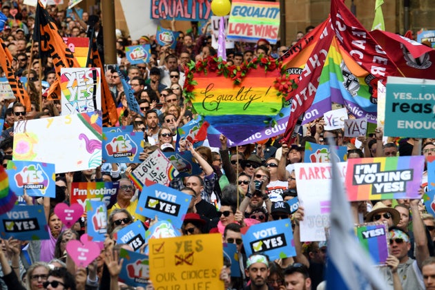 This picture taken on September 10, 2017 shows demonstrators taking part in a same-sex marriage rally in Sydney.
