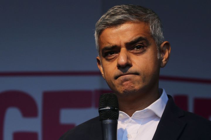 London Mayor British Sadiq Khan speaks on stage in Parliament Square in central London on October 19, 2019, during a rally by the People's Vote organisation.