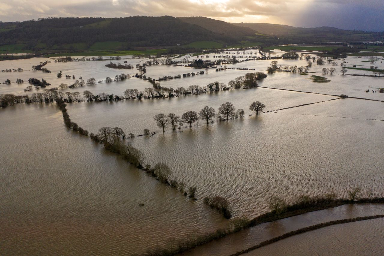 Floodwater covers fields in the Wye Valley in Hereford, England