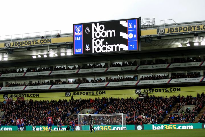 "No room for racism" displayed on the screen during the Premier League match between Crystal Palace and Leicester City at Selhurst Park on November 3, 2019