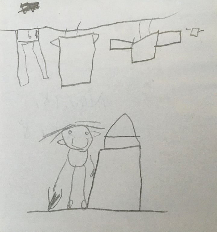 No gaffe escaped my son's pen, not even me dropping wet laundry.