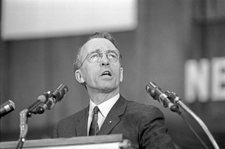 Tommy Douglas speaks at a New Democratic Party of Canada rally at Maple Leaf Gardens in Toronto on March 29, 1963.