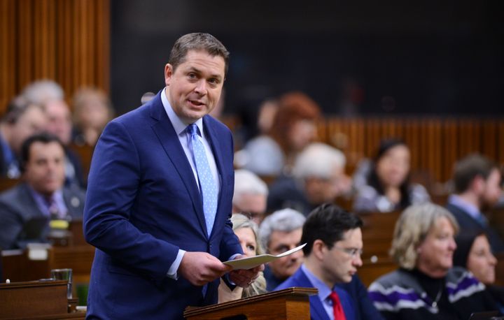 Conservative Leader Andrew Scheer delivers a statement in the House of Commons on Feb. 18, 2020.