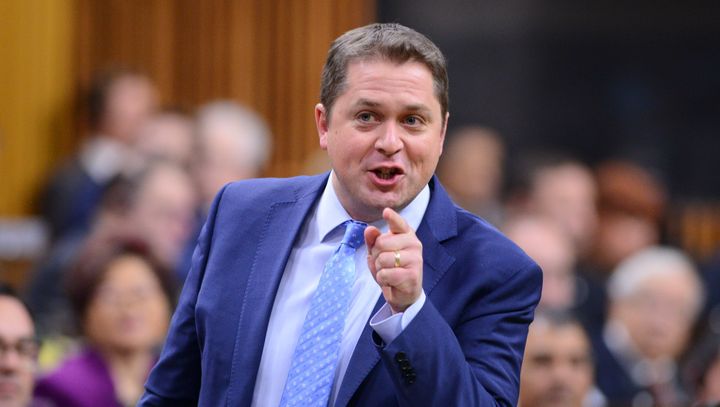 Conservative Leader Andrew Scheer stands during question period in the House of Commons on Feb. 18, 2020. 