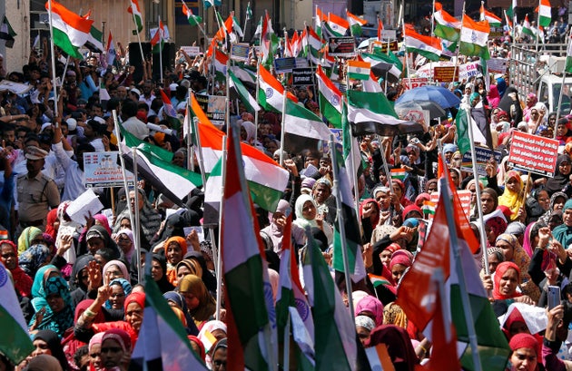 Demonstrators shout slogans during a protest rally against the new citizenship law, in Chennai, on January...