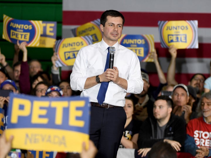 Former South Bend, Indiana Mayor Pete Buttigieg speaks to a crowd of 1,000 in Las Vegas on Sunday. The Nevada caucuses offer