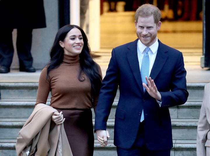 Prince Harry, Duke of Sussex, and Meghan, Duchess of Sussex, depart Canada House on Jan. 7, 2020 in London.