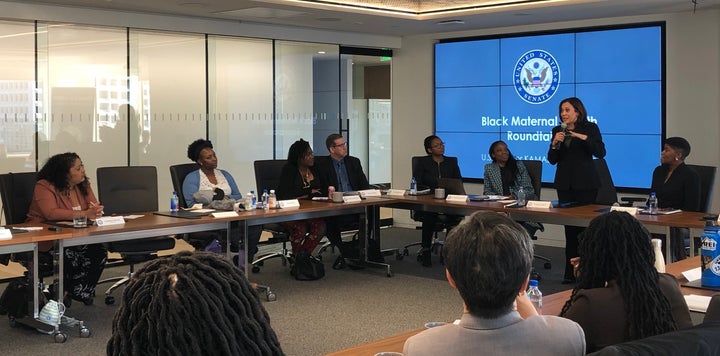 Sen. Kamala Harris speaks at a Black maternal health roundtable her office hosted Tuesday in San Francisco.