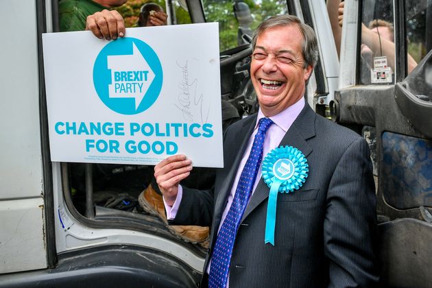 Brexit Party leader Nigel Farage with a Correx board