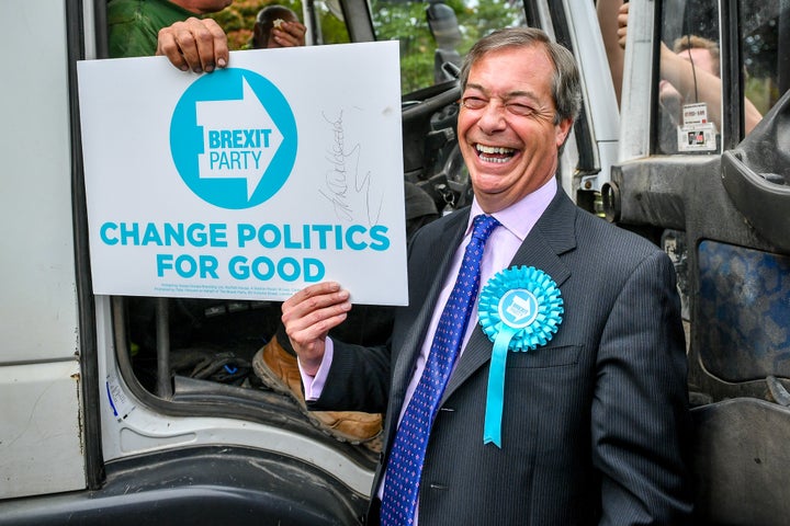 Brexit Party leader Nigel Farage with a Correx board