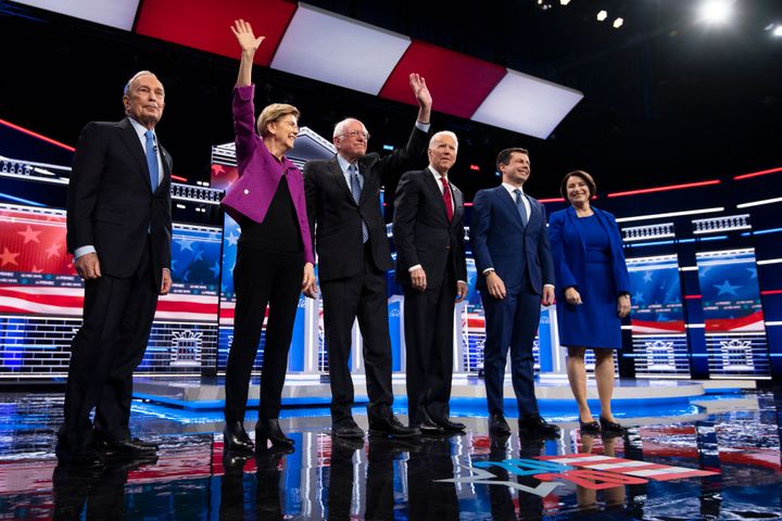 UNITED STATES - FEBRUARY 19: Democratic presidential hopefuls Mike Bloomberg, left, Sen. Elizabeth Warren, D-Mass., Sen. Bernie Sanders, I-Vt., former Vice President Joe Biden, Mayor of South Bend, Indiana, Pete Buttigieg and Sen. Amy Klobuchar, D-Minn., participate in the Democratic Presidential Debate hosted by NBC News and MSNBC with The Nevada Independent at the Paris Las Vegas Hotel in Las Vegas on Wednesday, Feb. 19, 2020. (Photo by Caroline Brehman/CQ-Roll Call, Inc via Getty Images)