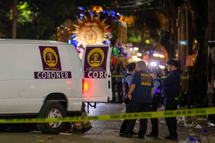 Emergency personnel work the scene after a person was run over and killed by a float in the Mystic Krewe of Nyx parade during Mardi Gras celebrations in New Orleans, on Feb. 19, 2020. 