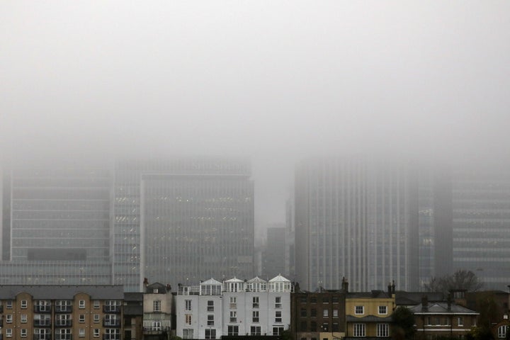 A low fog in Canary Wharf, London