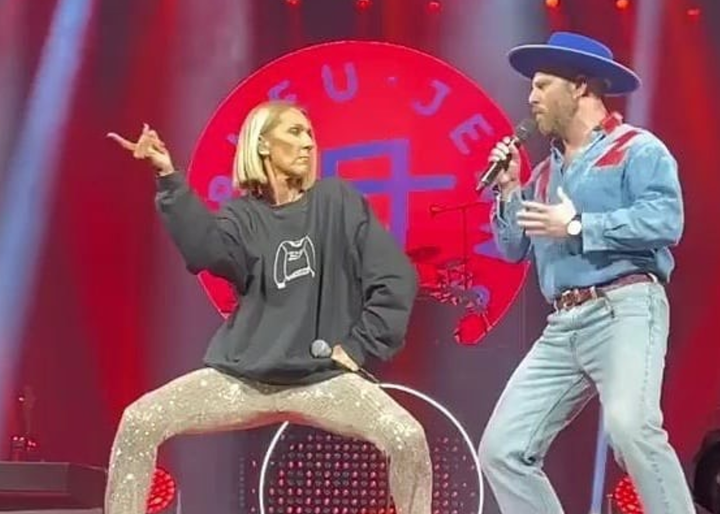 Céline Dion et Claude Cobra du groupe Bleu Jeans Bleu au Centre Bell, le 19 février 2020.