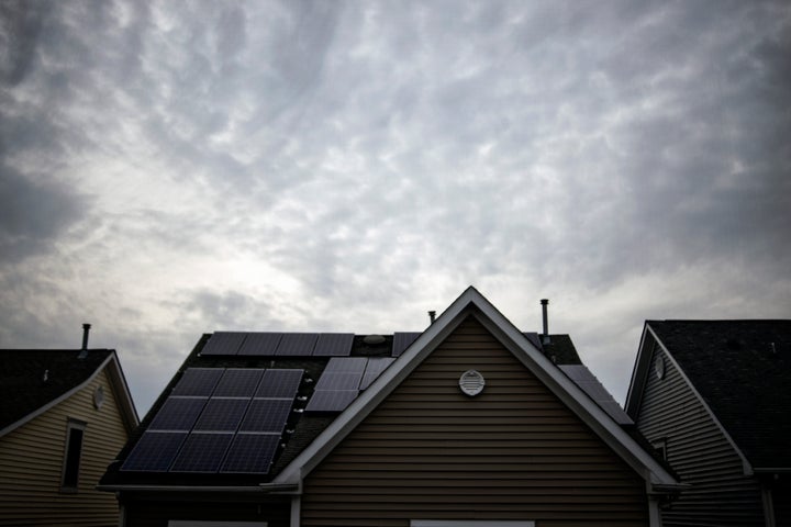 Solar panels on the roof of a house in Rockville, Maryland.